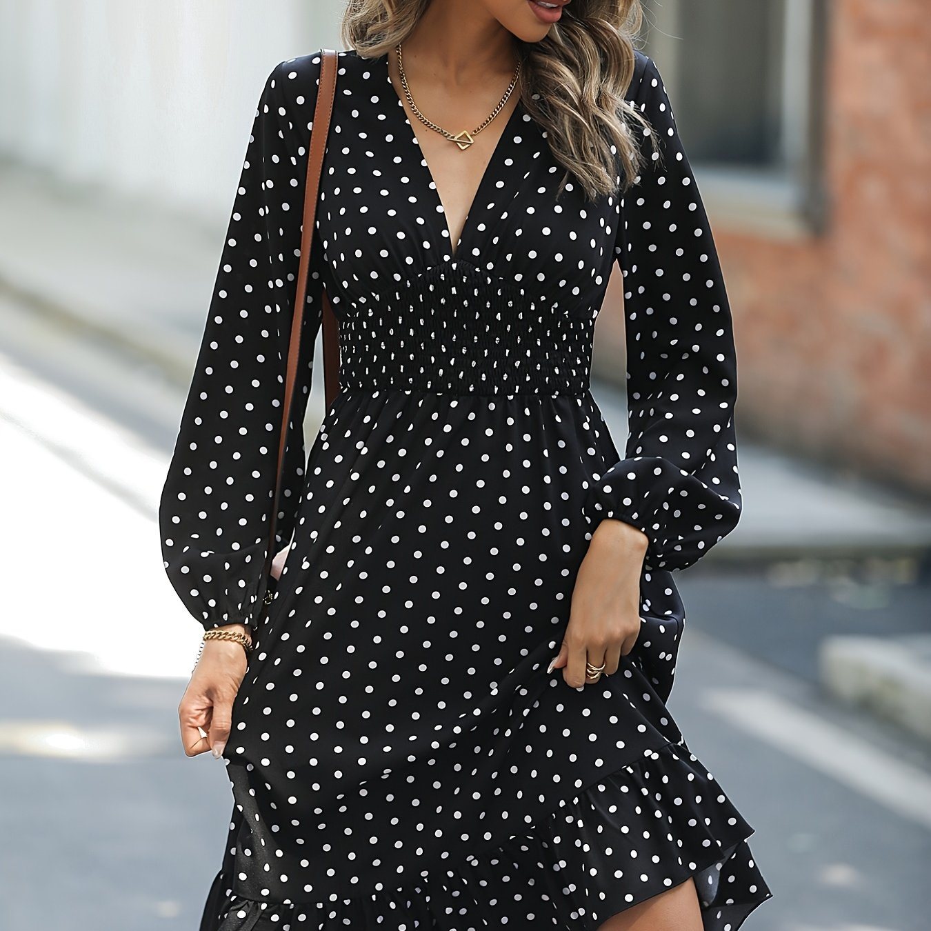 Retro V-neck Ruffle Dress; Polka Dot Print Long Sleeve Waist Loose Summer Dresses; Women's Clothing