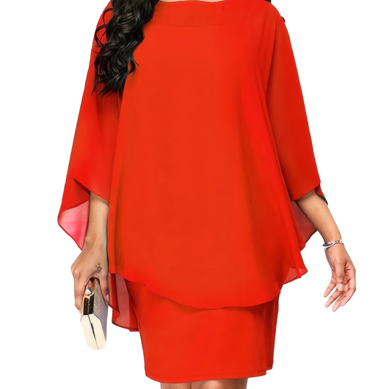 Plus Size Solid Round Neck 3/4 Sleeve Cape Midi Dress; Women's Plus Elegant Slight Stretch Cape Midi Dress