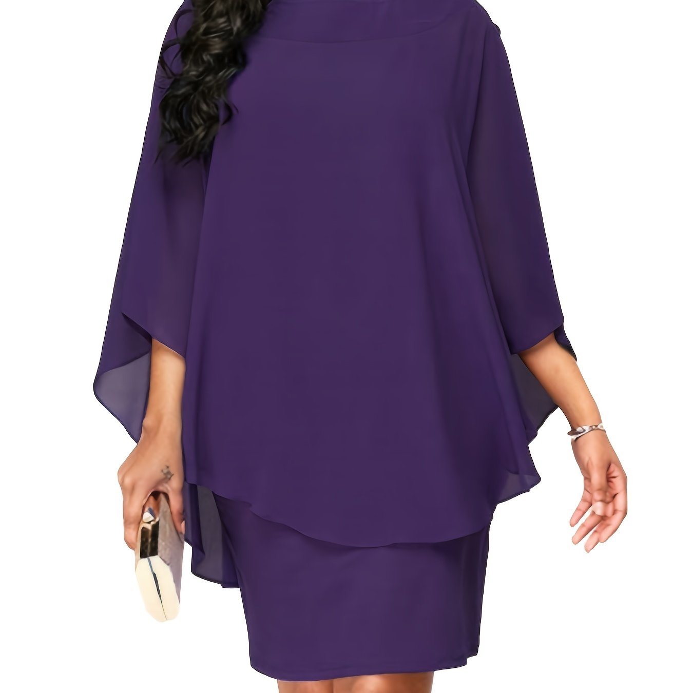 Plus Size Solid Round Neck 3/4 Sleeve Cape Midi Dress; Women's Plus Elegant Slight Stretch Cape Midi Dress