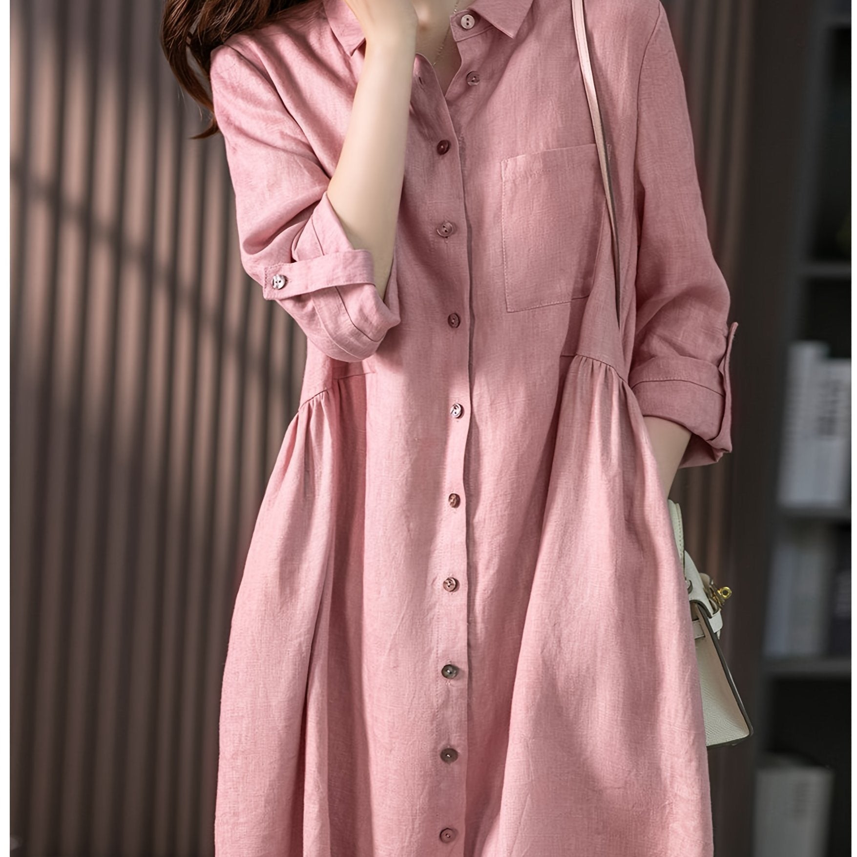 Pink Loose Cotton Linen Shirt Dress; Women's Dresses