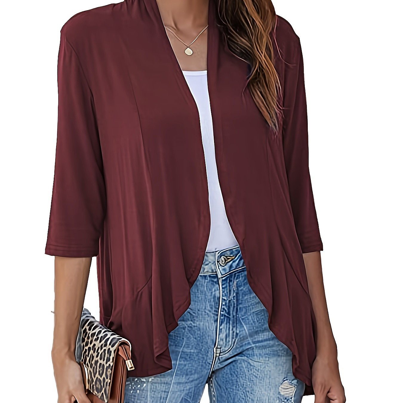 V-neck Loose Ruffle Cardigans; Casual Solid Color Three Quarter Long Sleeve Fall Winter Cardigan; Women's Clothing