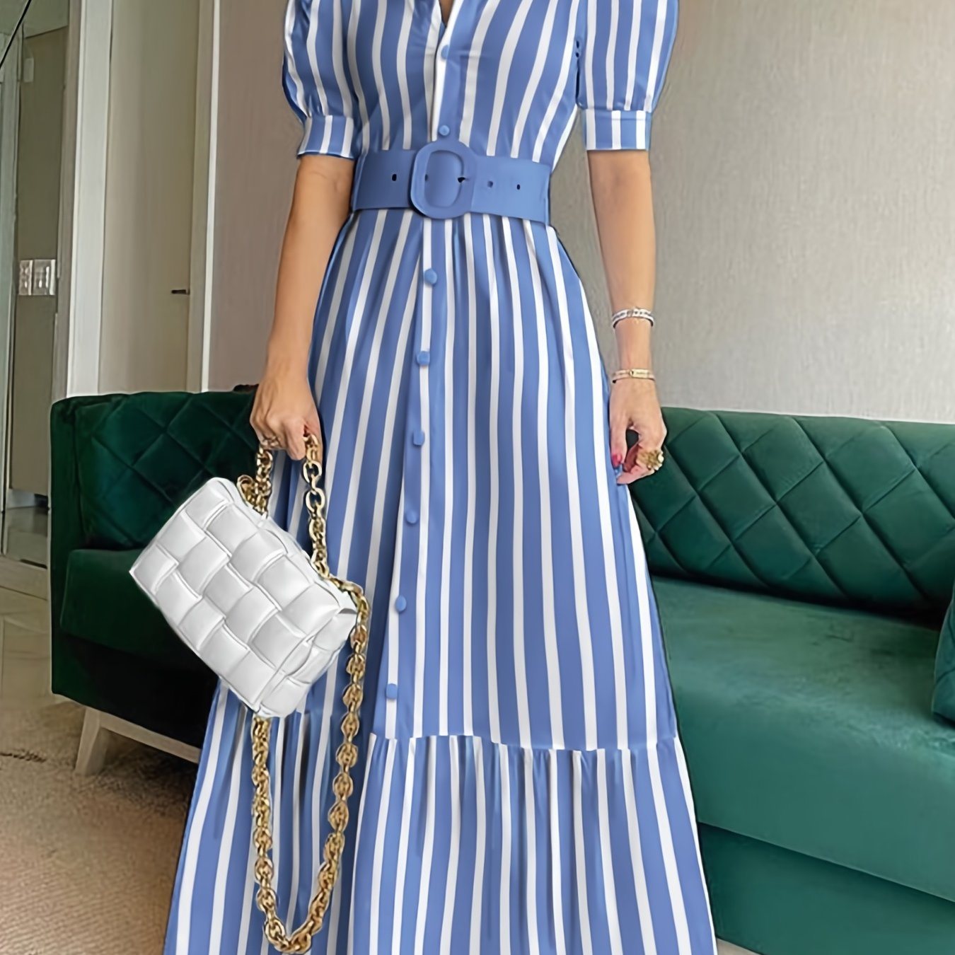 Elegant Striped Lace Up Long Dress; Short Sleeve V-neck Swing Belt Summer Long Dresses; Women's Clothing