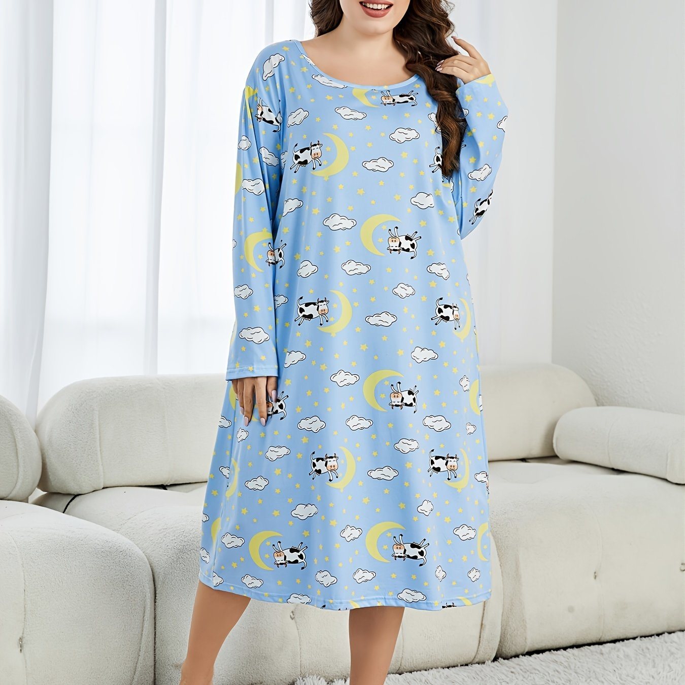 Plus Size Cow Print Long Sleeve Round Neck Nightdress; Women's Plus Slight Stretch Cute Loungewear