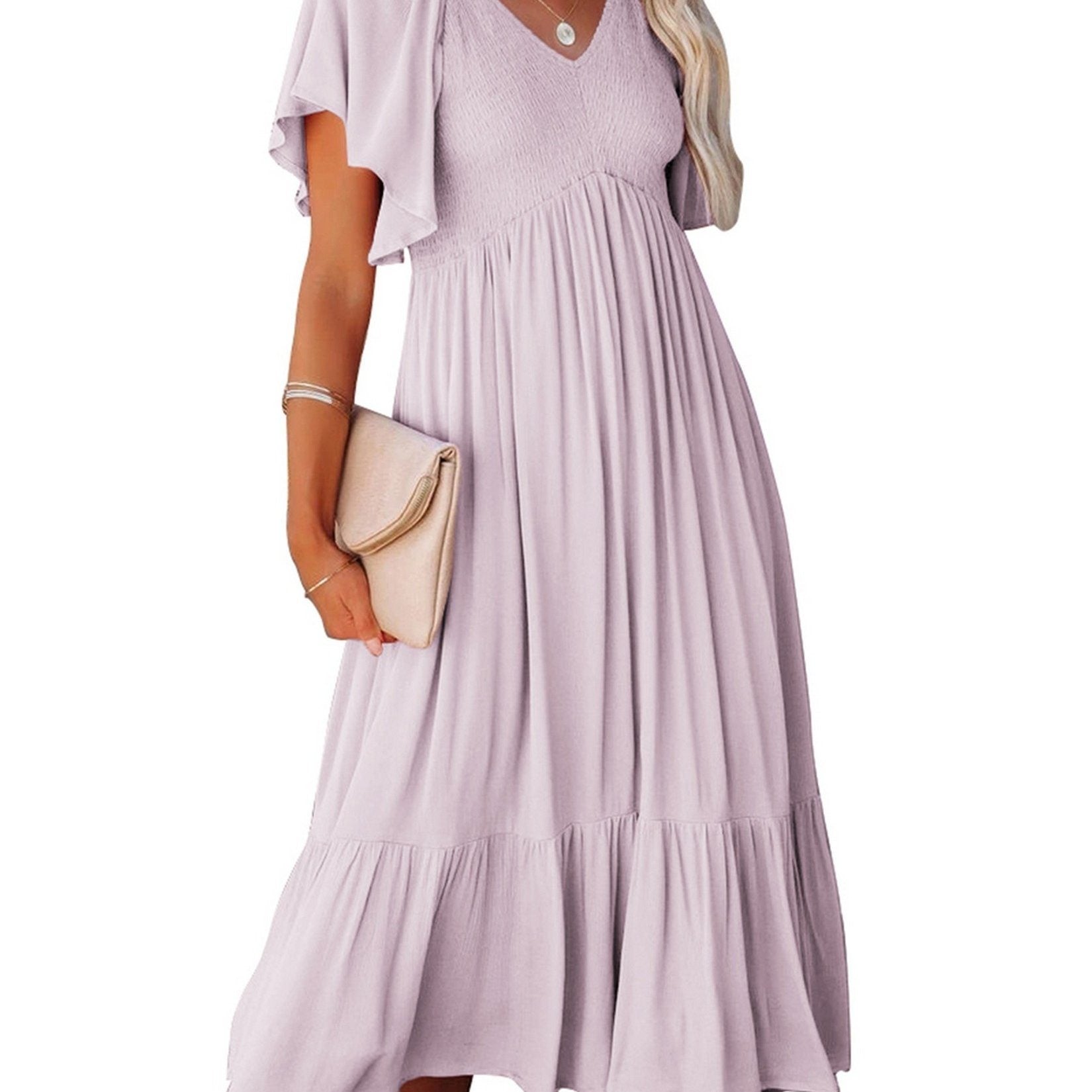 Women's Dresses Summer V-Neck Ruched Ruffle Sleeve Bohemian Dresses