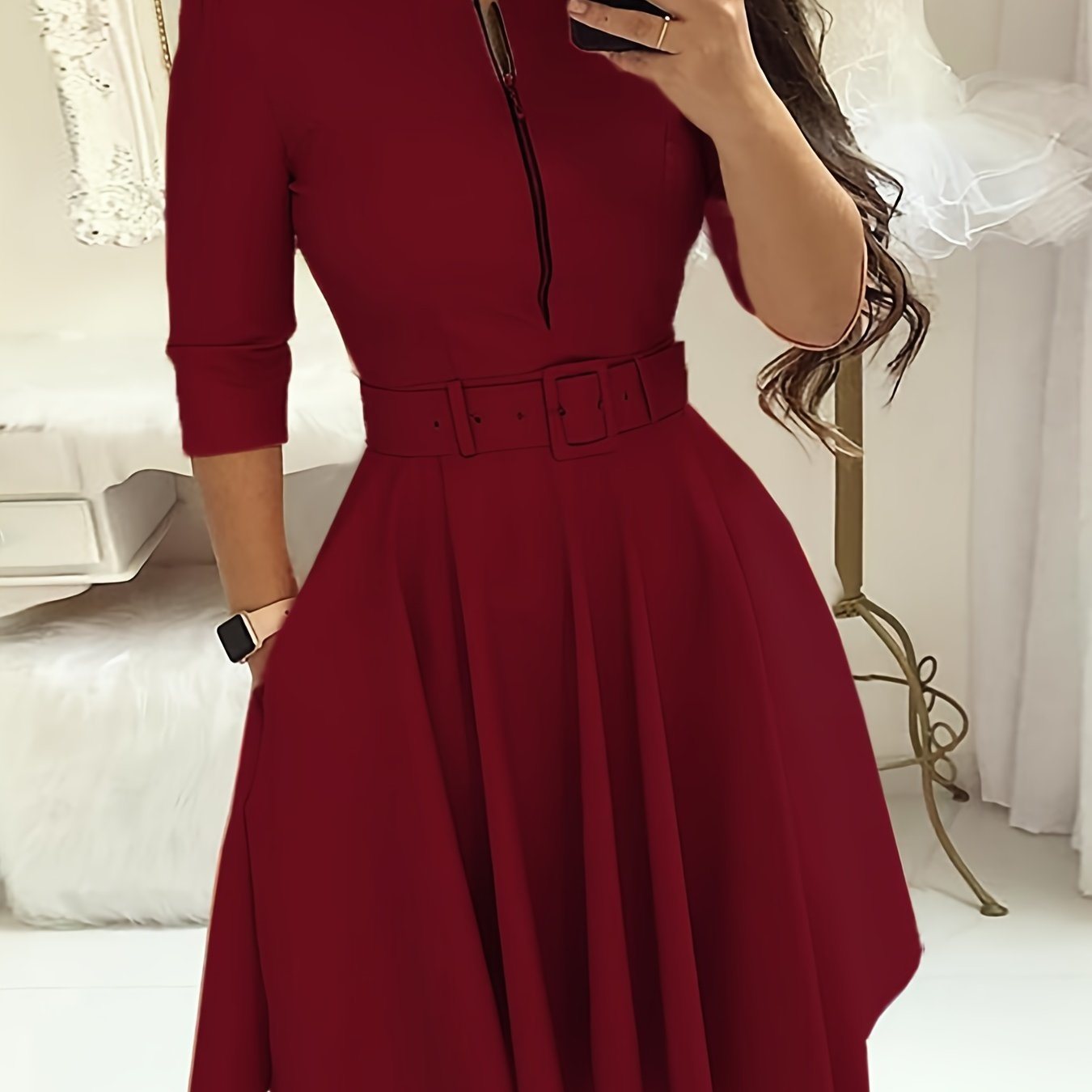 Women's Dresses Solid Crew Neck Zipper Dresses