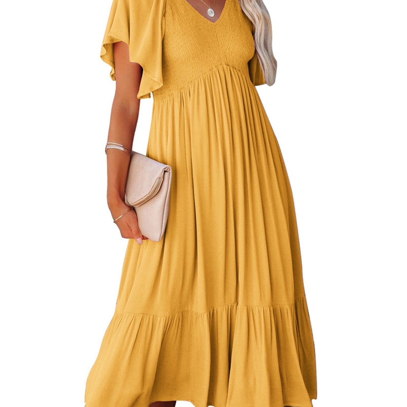 Women's Dresses Summer V-Neck Ruched Ruffle Sleeve Bohemian Dresses