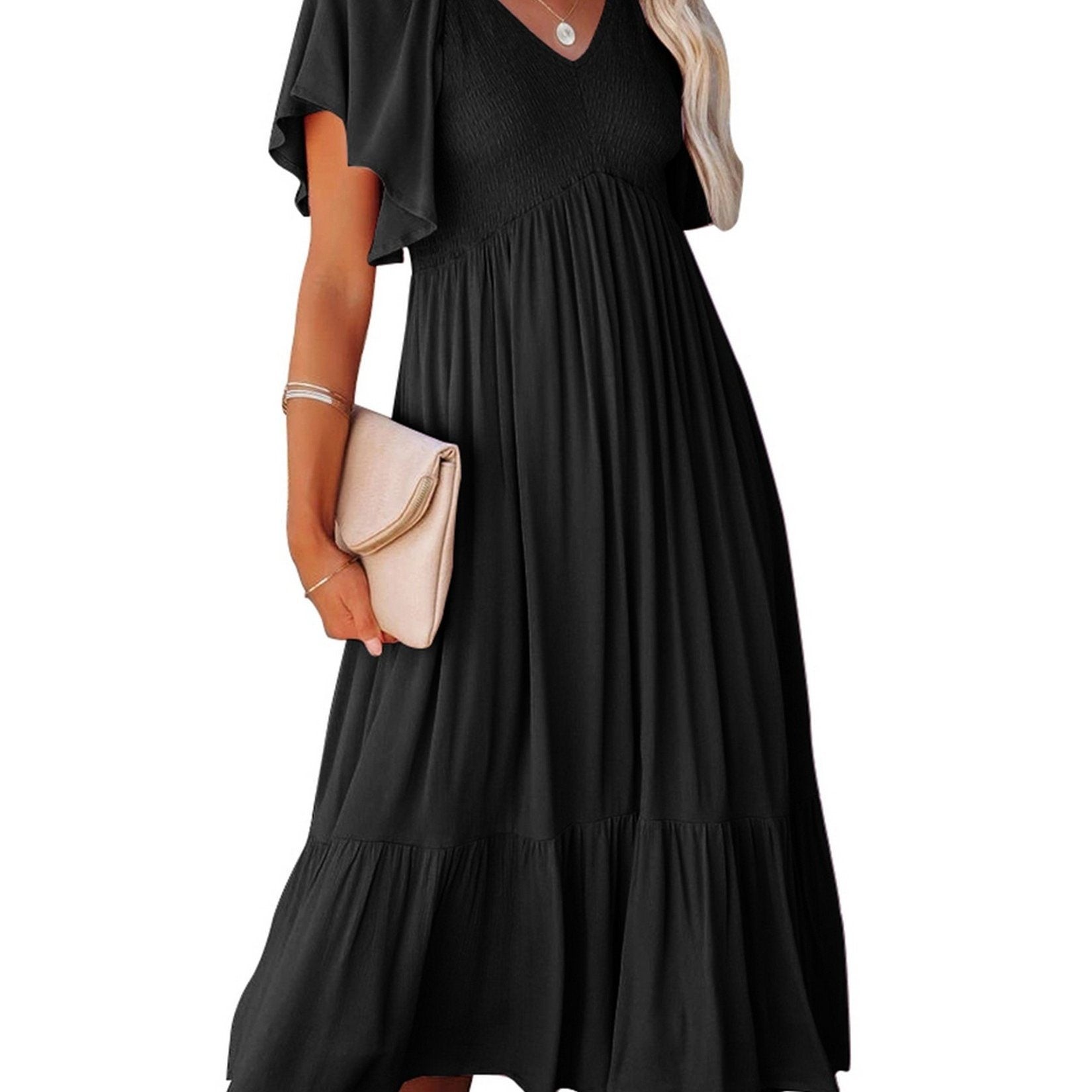 Women's Dresses Summer V-Neck Ruched Ruffle Sleeve Bohemian Dresses