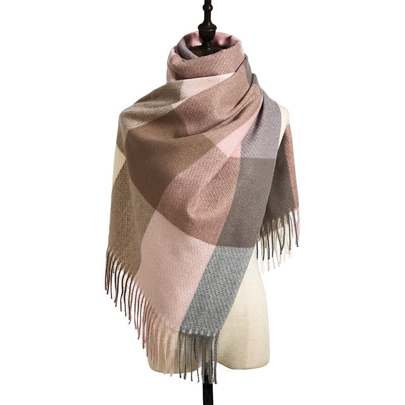 Checked scarf women's autumn and winter 2021 new style cashmere tassel shawl thickened cold proof and warm scarf wholesale