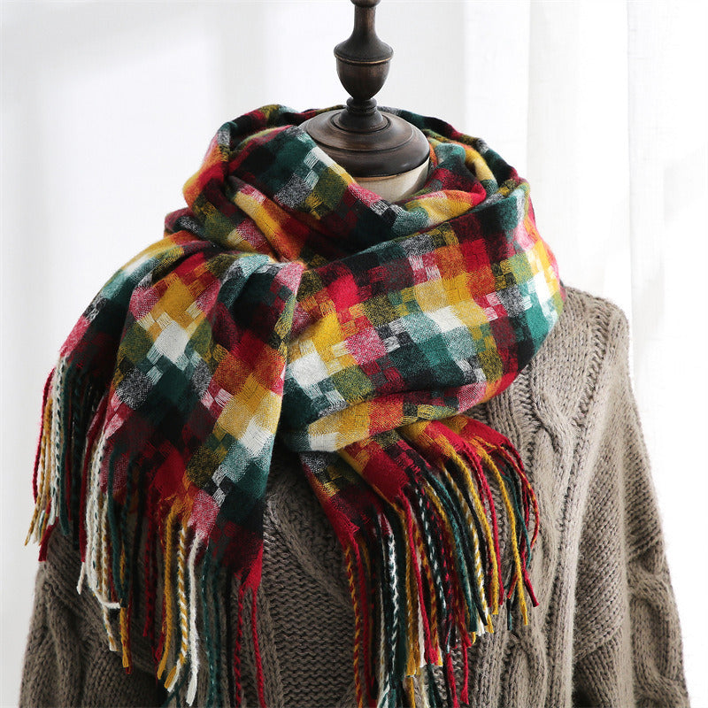 2021 New checked scarf for women in winter; medium length tassel shawl; fashionable street cashmere warm scarf for men