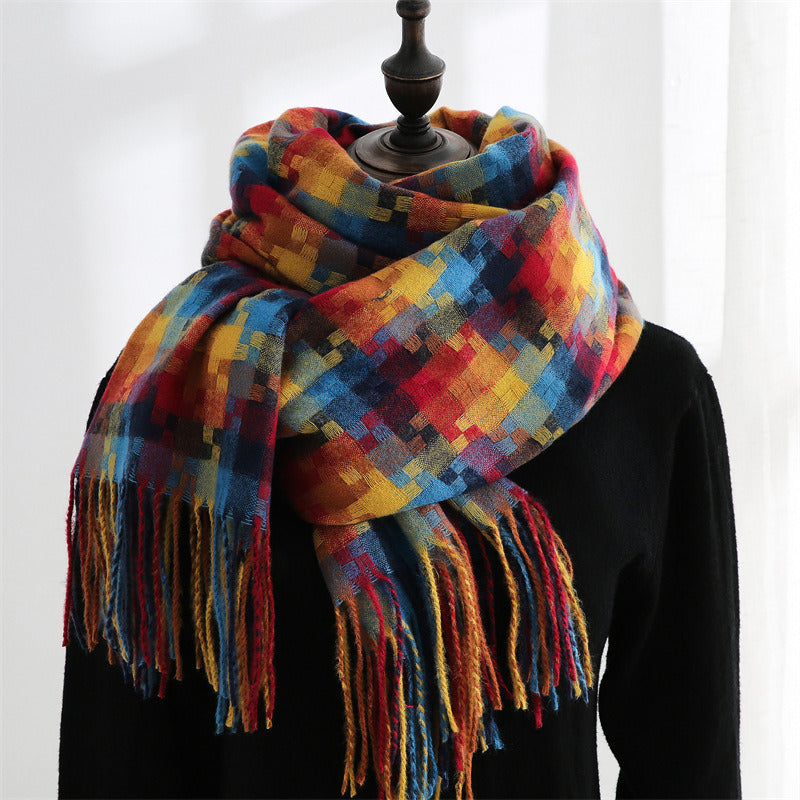 2021 New checked scarf for women in winter; medium length tassel shawl; fashionable street cashmere warm scarf for men