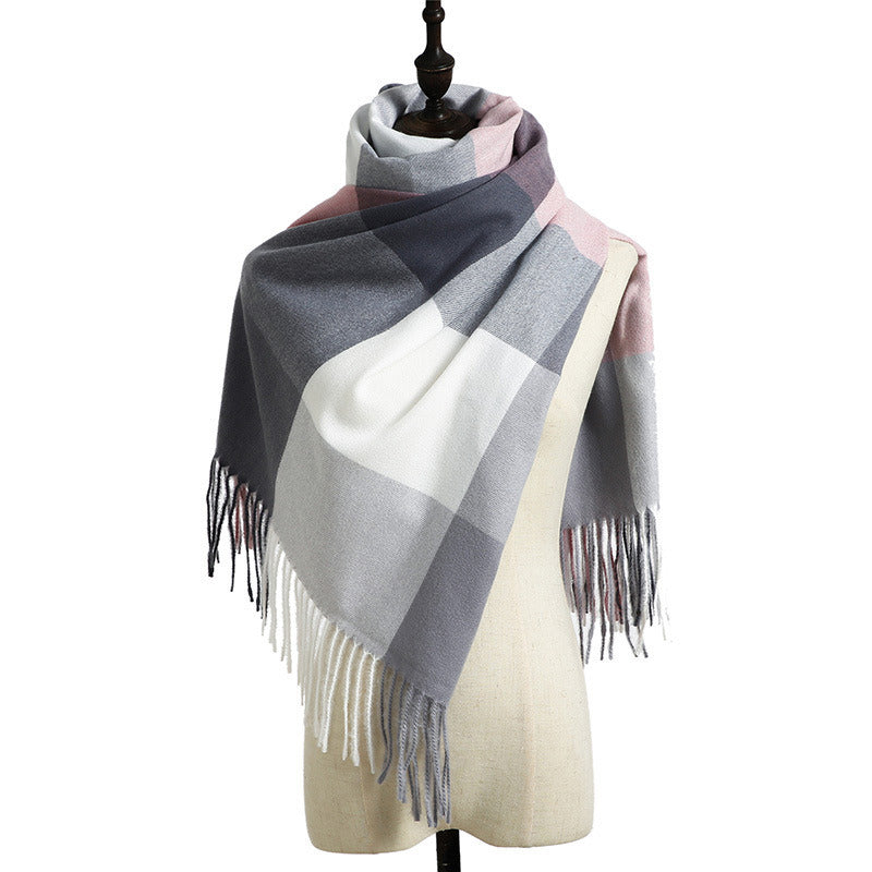 Cross border wholesale new style cashmere color matching plaid warm scarf printed tassel men's medium long scarf autumn and winter women