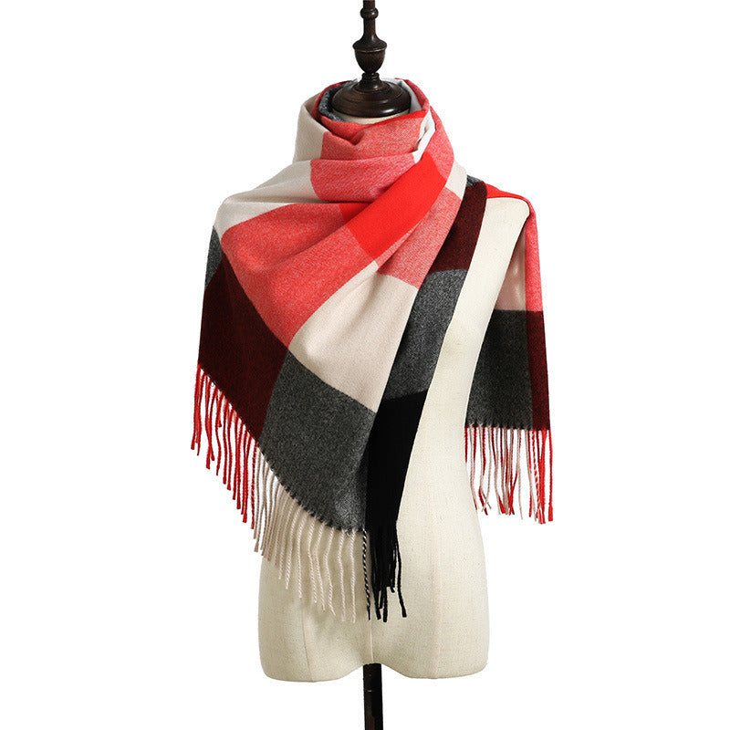 Cross border wholesale new style cashmere color matching plaid warm scarf printed tassel men's medium long scarf autumn and winter women