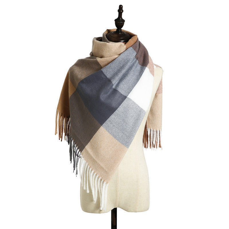 Cross border wholesale new style cashmere color matching plaid warm scarf printed tassel men's medium long scarf autumn and winter women