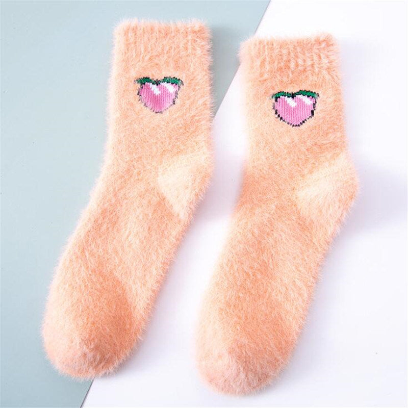 5 Pairs Kawaii Women Fruit Fluffy Socks Thermal Fuzzy Socks Female Ladies Fashion Warm Avocado Cherry Eggplant Floor Sleep Sock