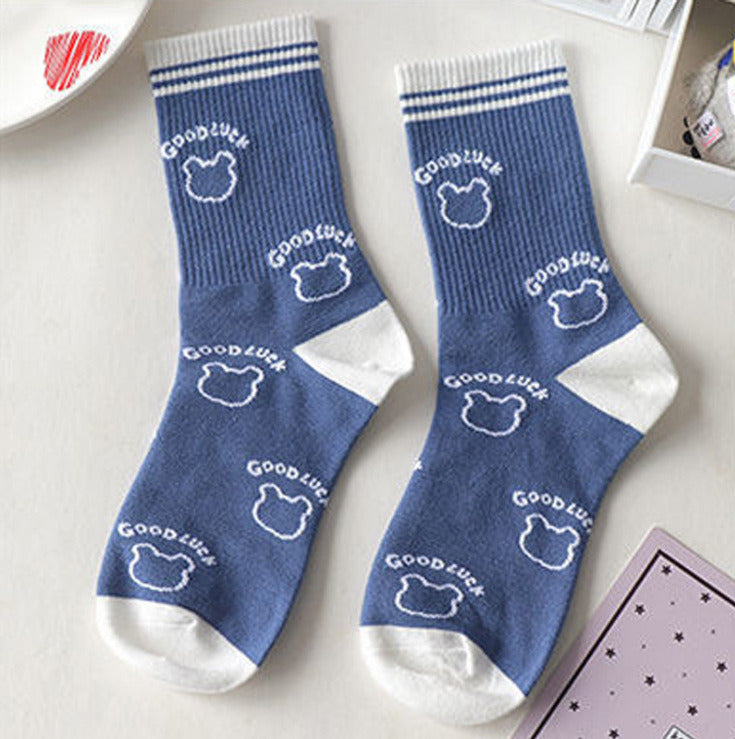 10 Pairs cartoon creative striped checkered bear socks kawaii print funny girl socks fashion skateboard woman socks