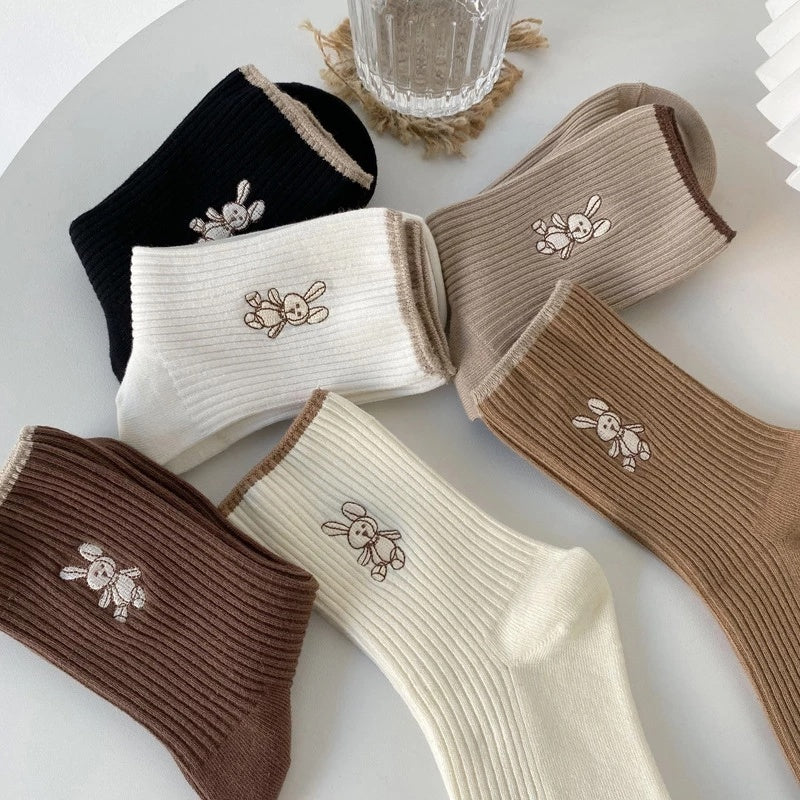 6 Pairs Women Socks 2022 New Fashion Cute Cotton Breathable Socks Japanese Style Cute Rabbit Embroidery Casual Girls Sweet High Quality