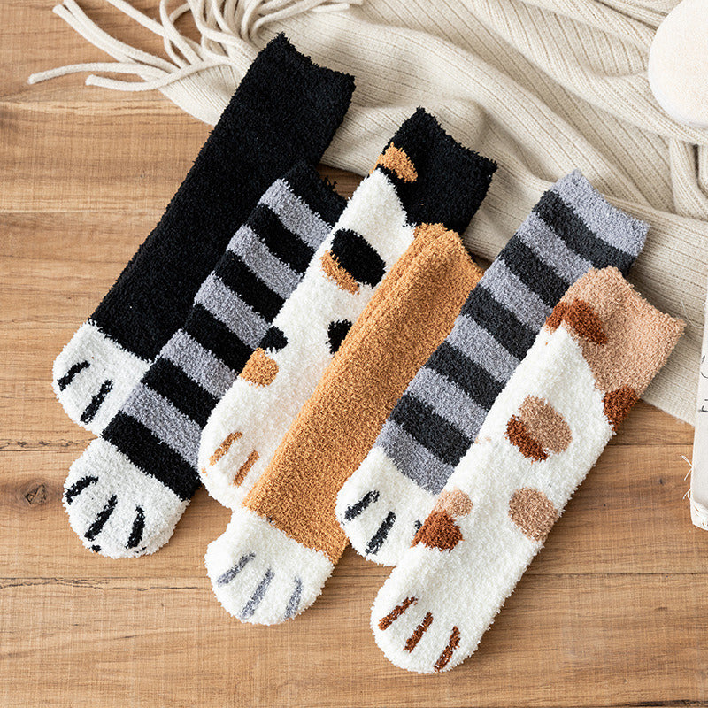 5 Pairs Winter Socks Women Thick Coral fleece Warm Socks Animal Cat Paw Cute Socks Girls Soft Floor Socks