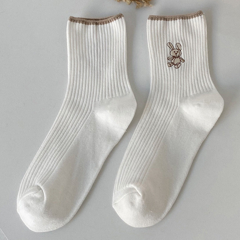 6 Pairs Women Socks 2022 New Fashion Cute Cotton Breathable Socks Japanese Style Cute Rabbit Embroidery Casual Girls Sweet High Quality