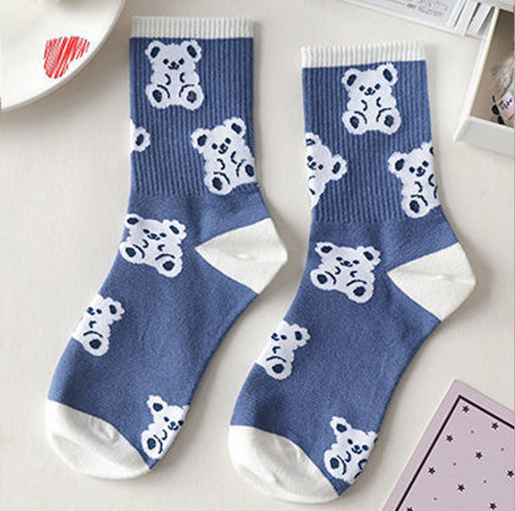 10 Pairs cartoon creative striped checkered bear socks kawaii print funny girl socks fashion skateboard woman socks