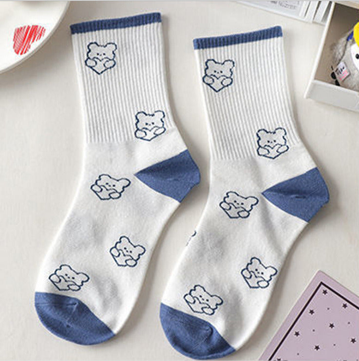 10 Pairs cartoon creative striped checkered bear socks kawaii print funny girl socks fashion skateboard woman socks