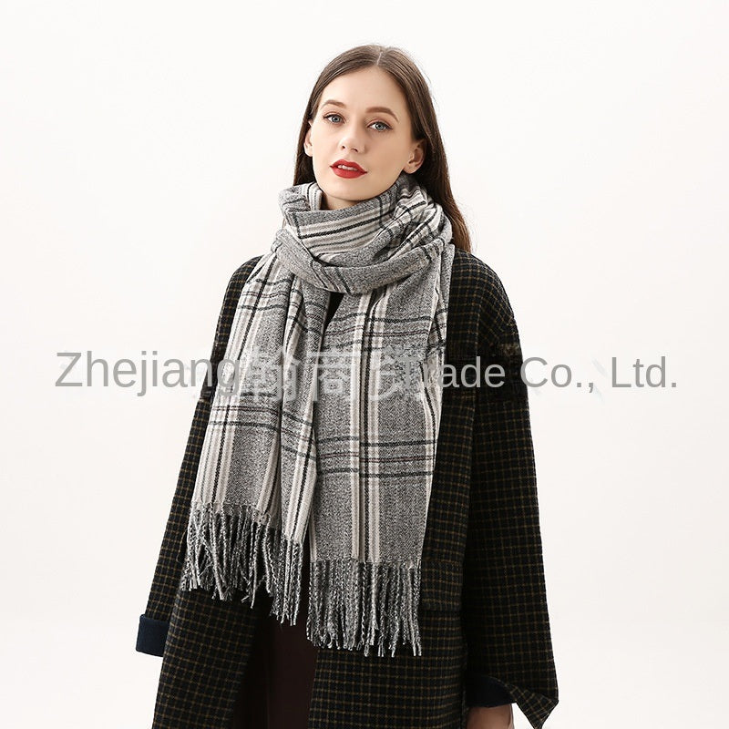 Manufacturers Wholesale Foreign Trade Europe and the United States New Autumn and Winter Thickened Warm Imitation Cashmere Double Sided Stripe Plaid Scarf Women