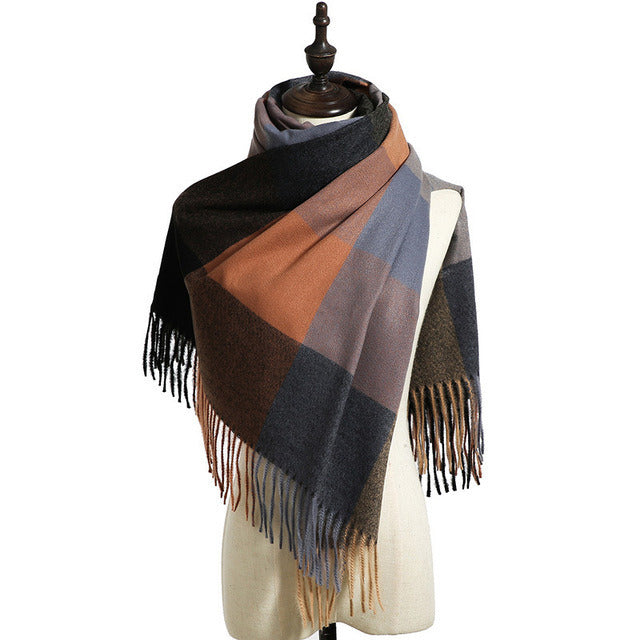 2021 Cross border wholesale new style imitation cashmere color matching plaid warm scarf printed tassel men's medium long scarf women