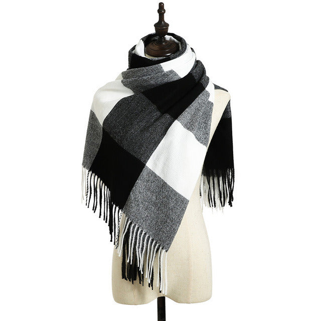 2021 Cross border wholesale new style imitation cashmere color matching plaid warm scarf printed tassel men's medium long scarf women