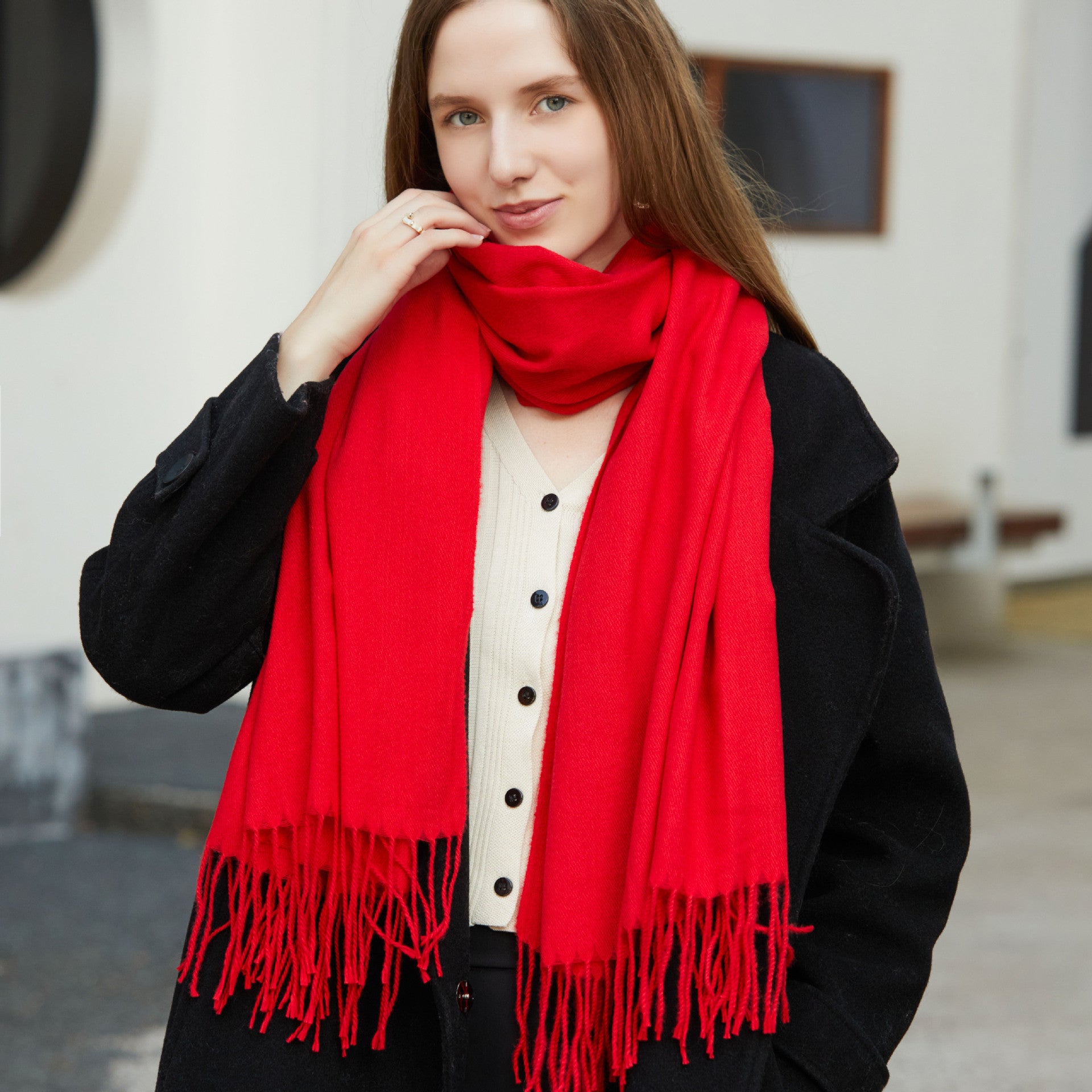 Wholesale Korean simple pure color cashmere like polyester warm shawl monochrome long tassel scarf thickened scarf