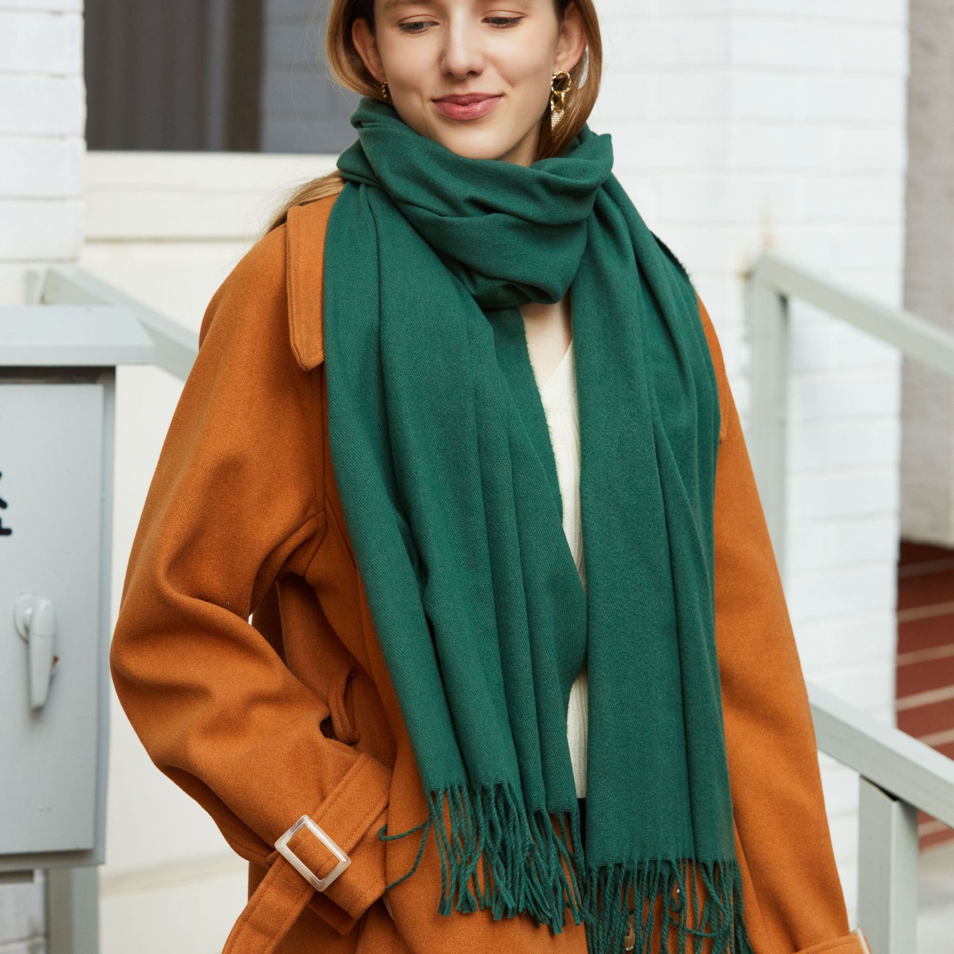 Wholesale Korean simple pure color cashmere like polyester warm shawl monochrome long tassel scarf thickened scarf