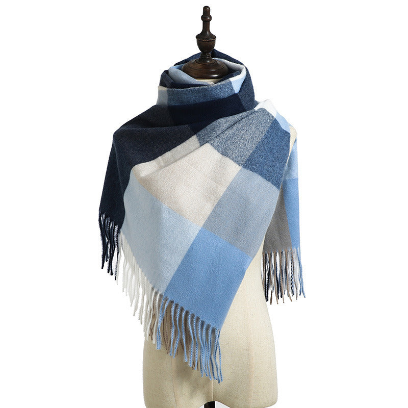 Cross border wholesale new style cashmere color matching plaid warm scarf printed tassel men's medium long scarf autumn and winter women