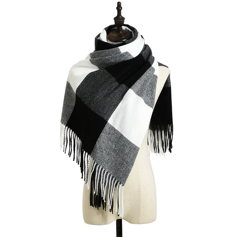 Cross border wholesale new style cashmere color matching plaid warm scarf printed tassel men's medium long scarf autumn and winter women