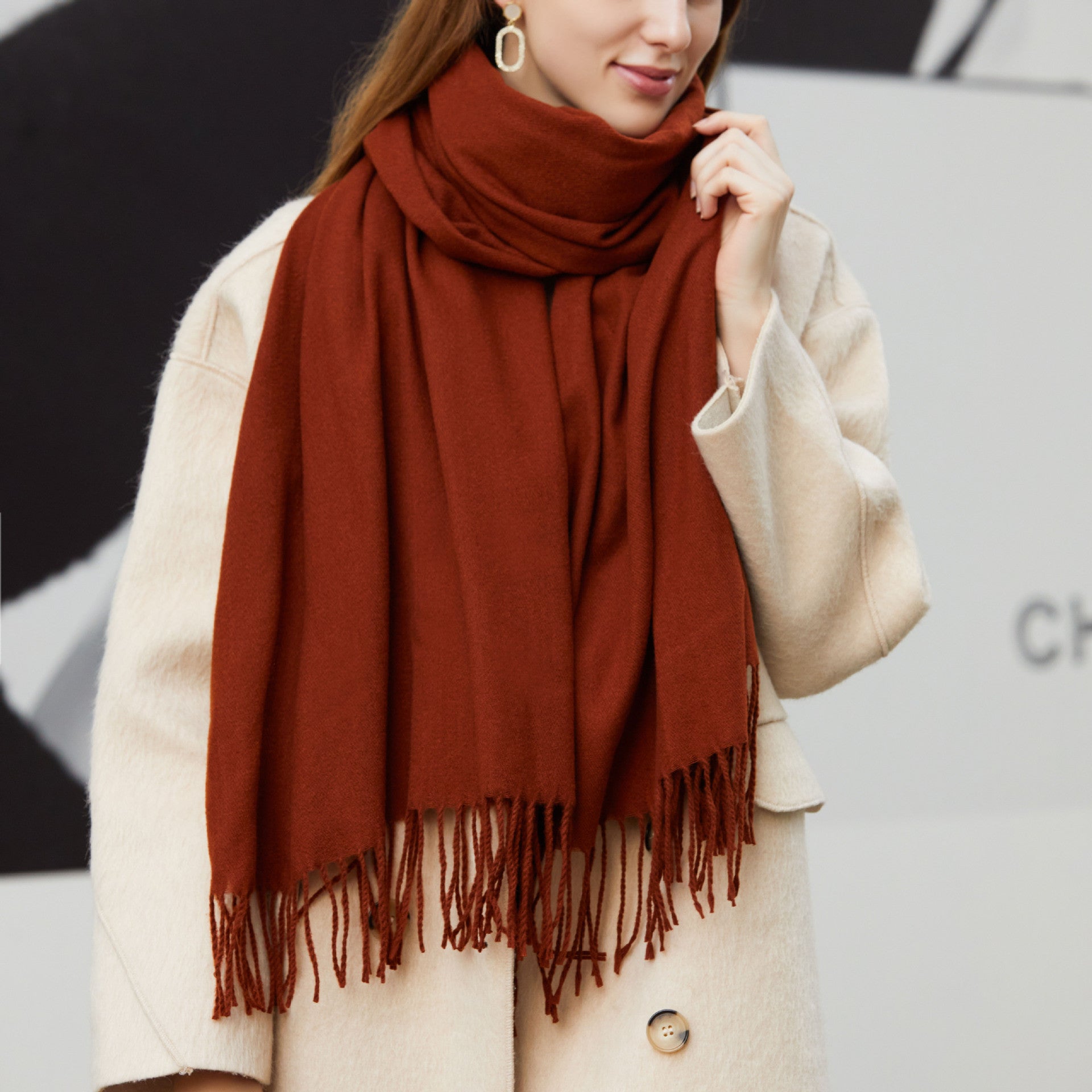 Wholesale Korean simple pure color cashmere like polyester warm shawl monochrome long tassel scarf thickened scarf