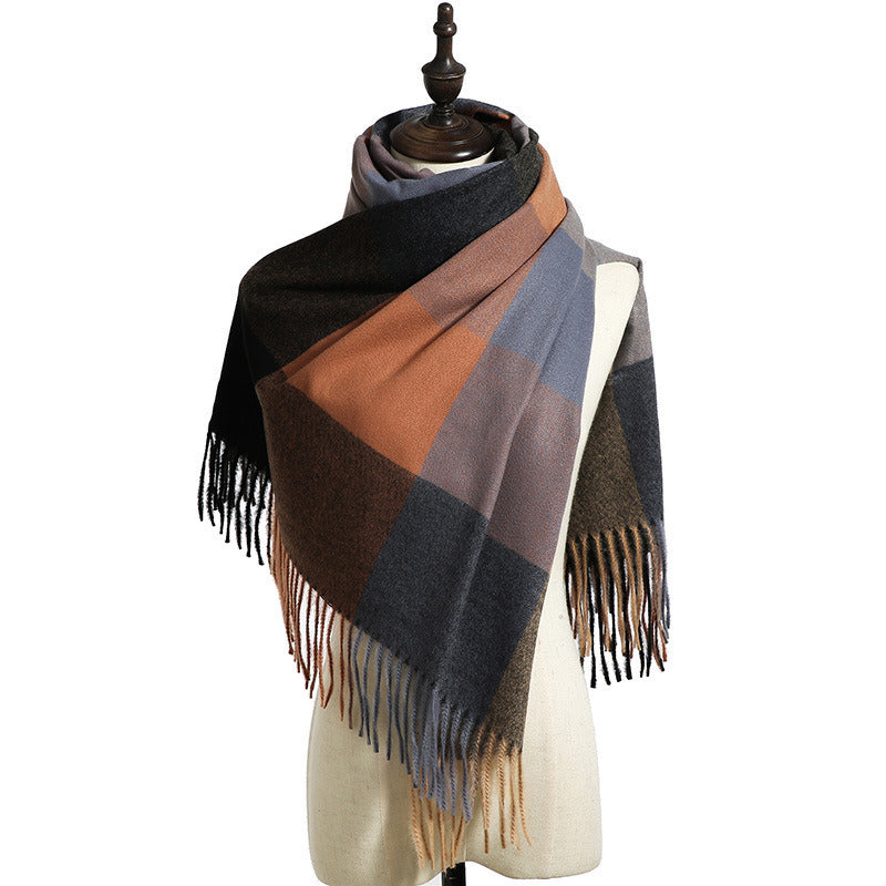 Cross border wholesale new style cashmere color matching plaid warm scarf printed tassel men's medium long scarf autumn and winter women