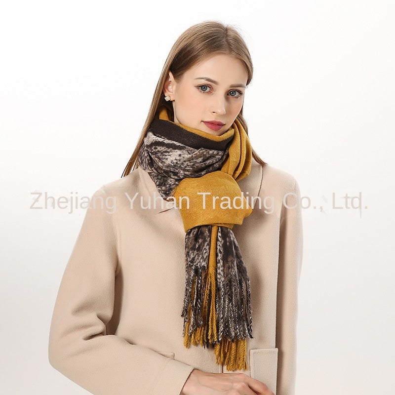 Chic Nordic Morandi Harajuku Exotic Leopard Snake Scarf Polyester Tassel Cashmere like Thick Scarf