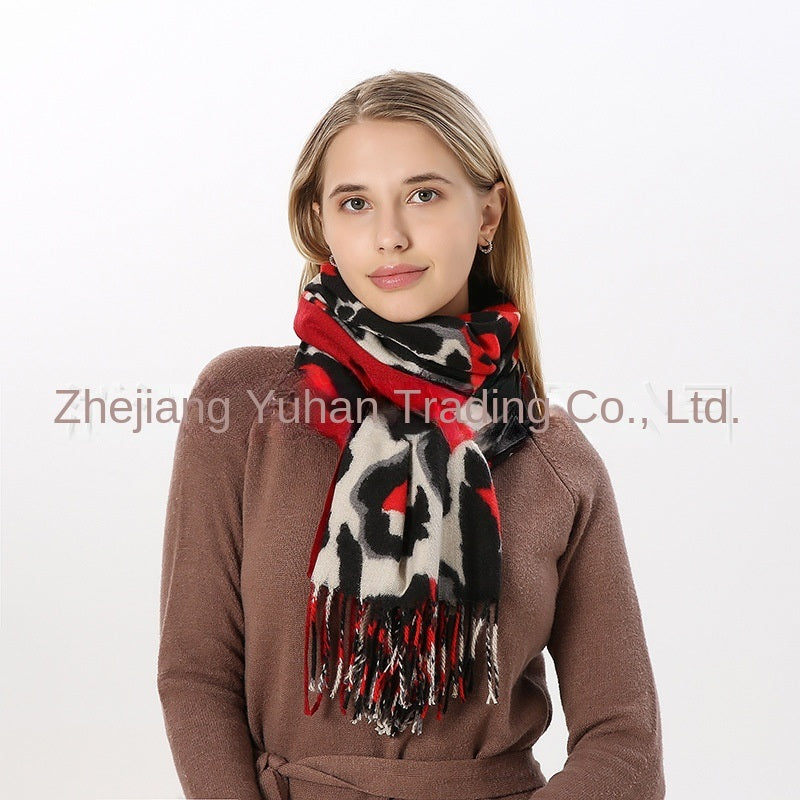 Chic Nordic Morandi Harajuku Exotic Leopard Snake Scarf Polyester Tassel Cashmere like Thick Scarf