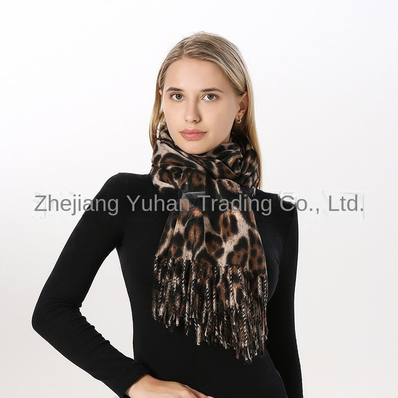 Chic Nordic Morandi Harajuku Exotic Leopard Snake Scarf Polyester Tassel Cashmere like Thick Scarf