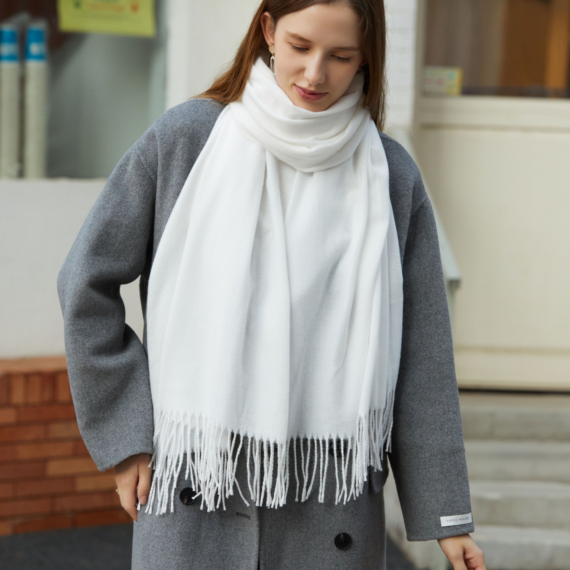 Wholesale Korean simple pure color cashmere like polyester warm shawl monochrome long tassel scarf thickened scarf