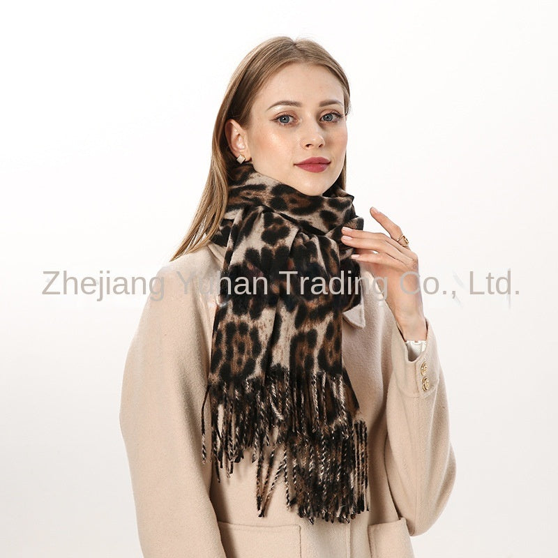 Chic Nordic Morandi Harajuku Exotic Leopard Snake Scarf Polyester Tassel Cashmere like Thick Scarf