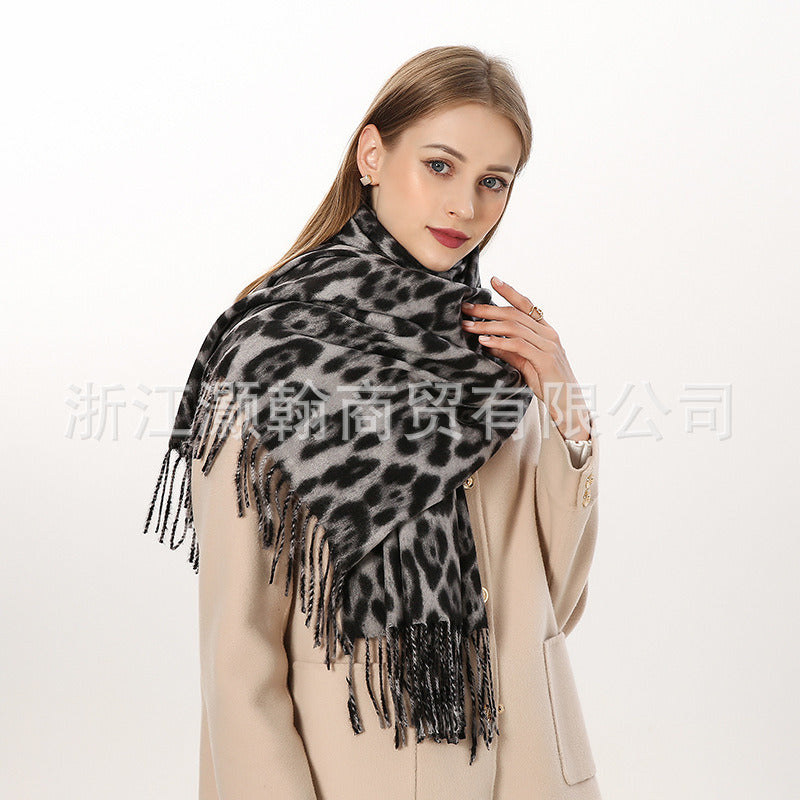 Chic Nordic Morandi Harajuku Exotic Leopard Snake Scarf Polyester Tassel Cashmere like Thick Scarf