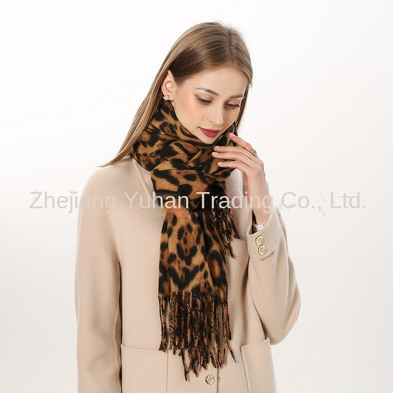 Chic Nordic Morandi Harajuku Exotic Leopard Snake Scarf Polyester Tassel Cashmere like Thick Scarf