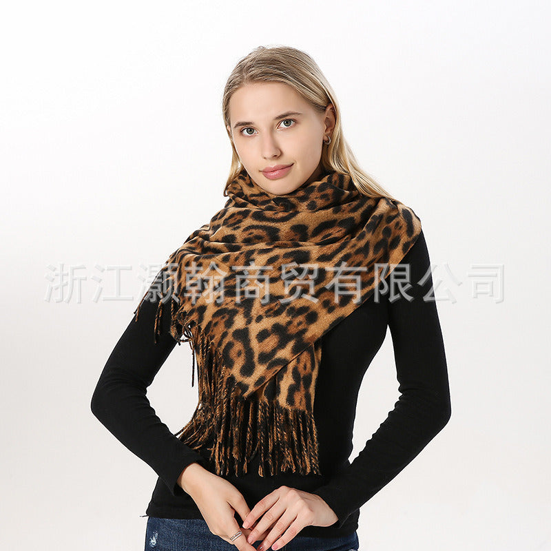 Chic Nordic Morandi Harajuku Exotic Leopard Snake Scarf Polyester Tassel Cashmere like Thick Scarf