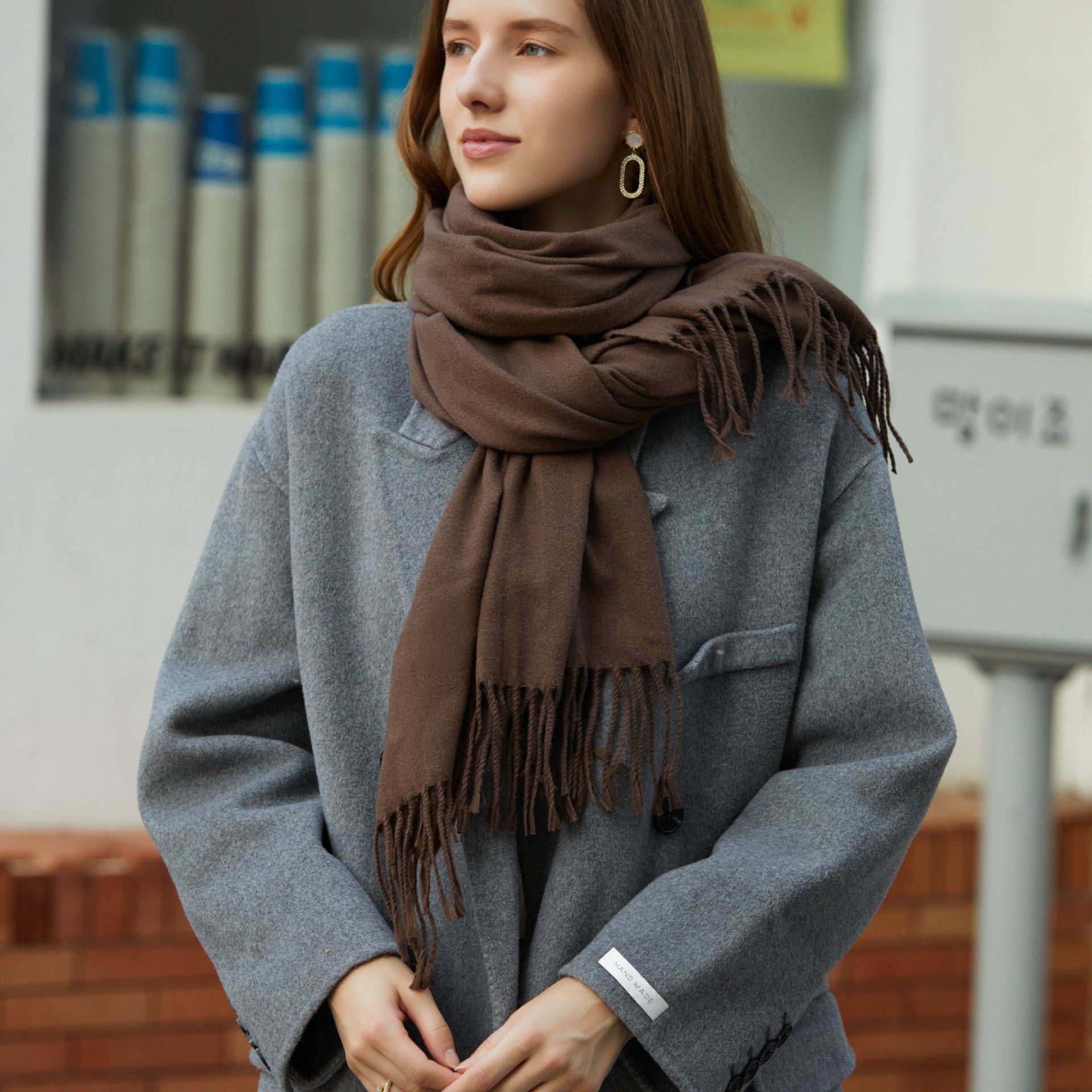 Wholesale Korean simple pure color cashmere like polyester warm shawl monochrome long tassel scarf thickened scarf