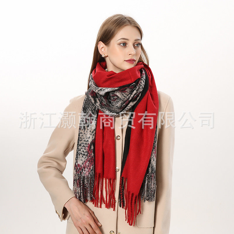 Chic Nordic Morandi Harajuku Exotic Leopard Snake Scarf Polyester Tassel Cashmere like Thick Scarf