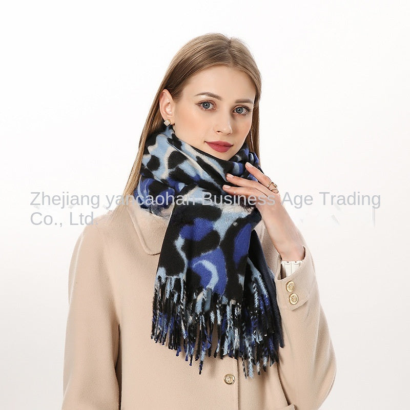 Chic Nordic Morandi Harajuku Exotic Leopard Snake Scarf Polyester Tassel Cashmere like Thick Scarf