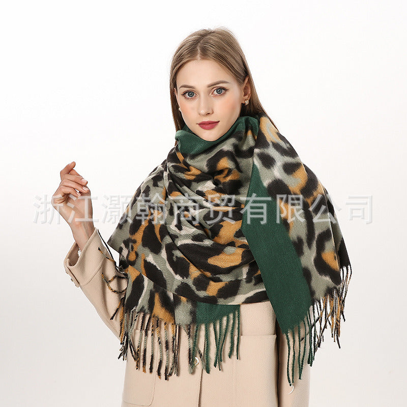 Chic Nordic Morandi Harajuku Exotic Leopard Snake Scarf Polyester Tassel Cashmere like Thick Scarf