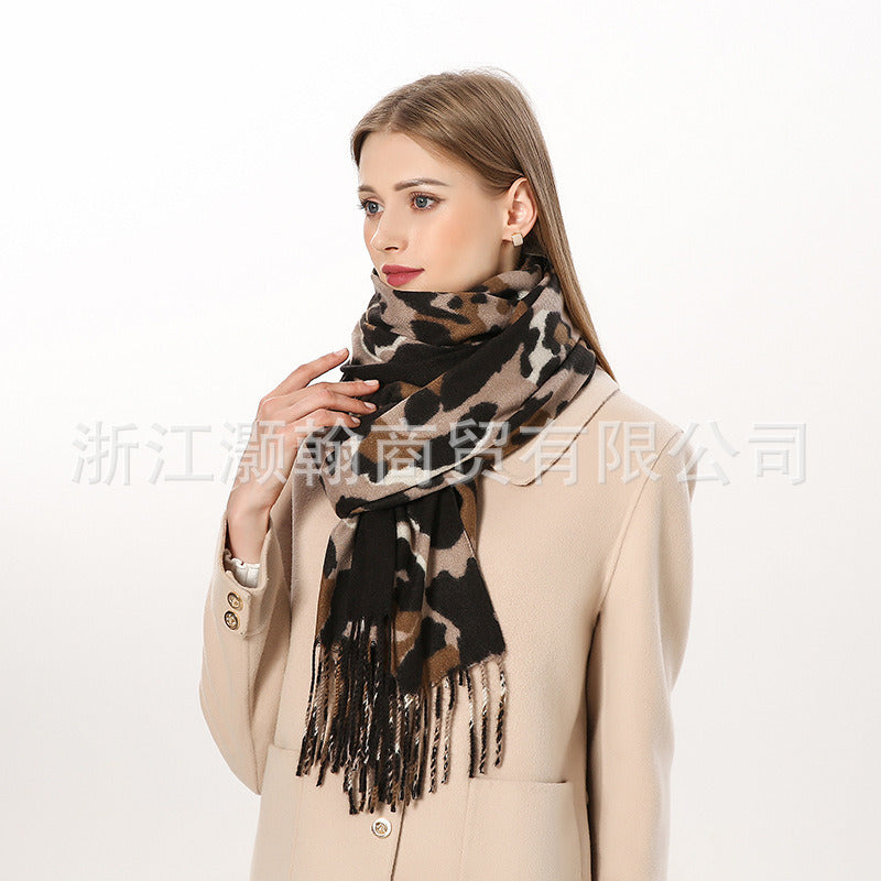 Chic Nordic Morandi Harajuku Exotic Leopard Snake Scarf Polyester Tassel Cashmere like Thick Scarf