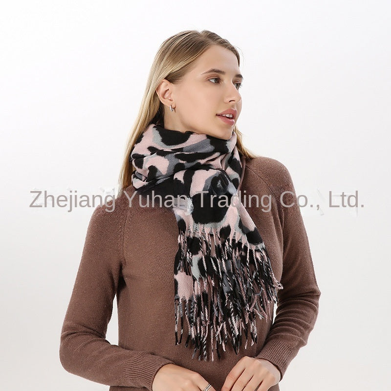 Chic Nordic Morandi Harajuku Exotic Leopard Snake Scarf Polyester Tassel Cashmere like Thick Scarf