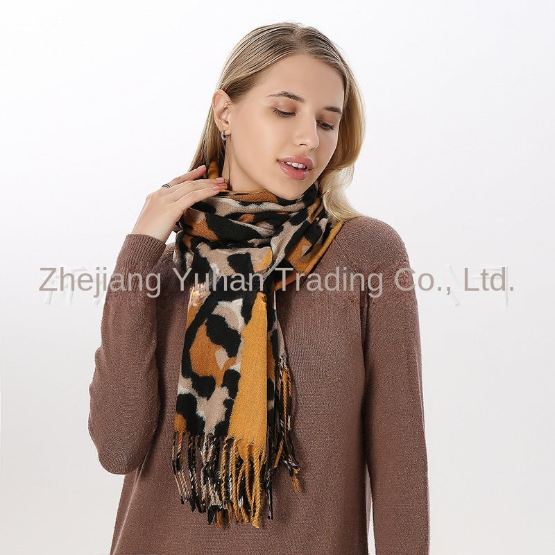 Chic Nordic Morandi Harajuku Exotic Leopard Snake Scarf Polyester Tassel Cashmere like Thick Scarf