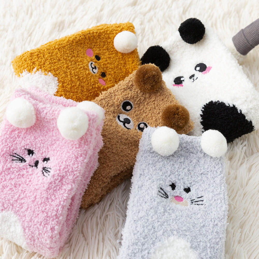 5 Pairs Women Cute Cartoon Animal Fuzzy Socks Winter Warm Fleece Kawaii Panda Bear Cat Fluffy Socks Casual Fashion Home Floor Sleep Sock