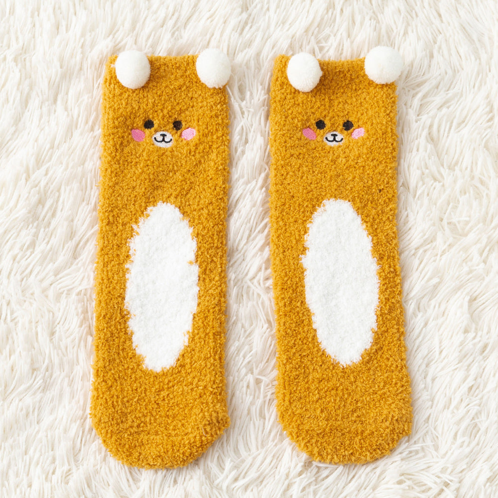 5 Pairs Women Cute Cartoon Animal Fuzzy Socks Winter Warm Fleece Kawaii Panda Bear Cat Fluffy Socks Casual Fashion Home Floor Sleep Sock